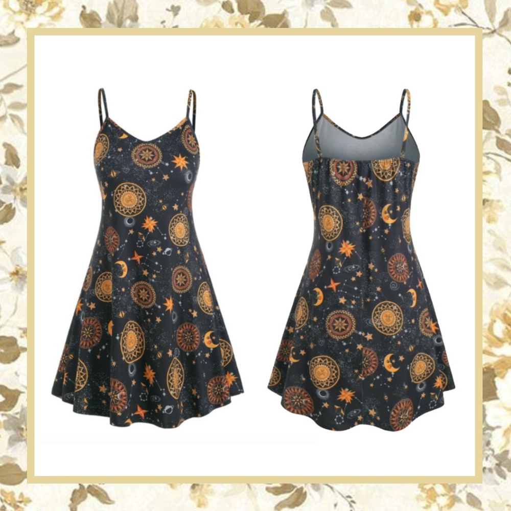🌸 2XL MOON STAR SUN DRESS GYPSY BOHO HIPPIE MINI FLARE GALAXY NAVY PLUS SIZE